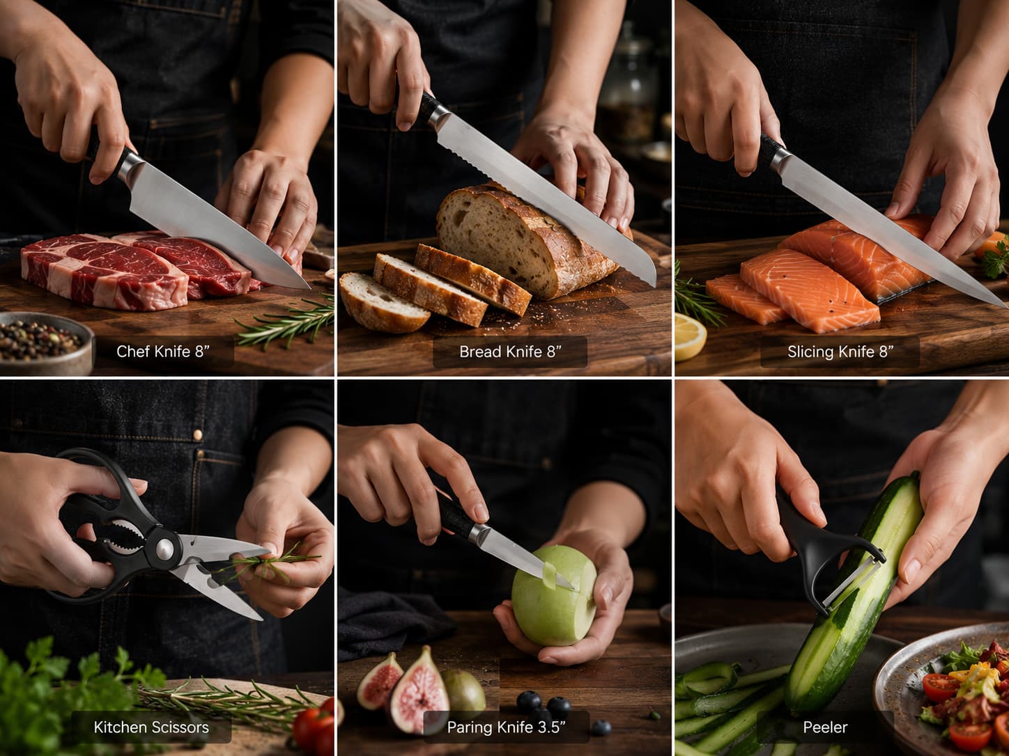 6 Pcs Polished Stainless Steel Kitchen Knife Set with Crocodile Non-Slip Handles