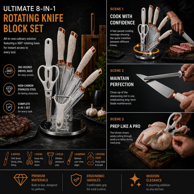 9pcs White Rose Gold Kitchen Knife Set with Rotating Utensil Holder
