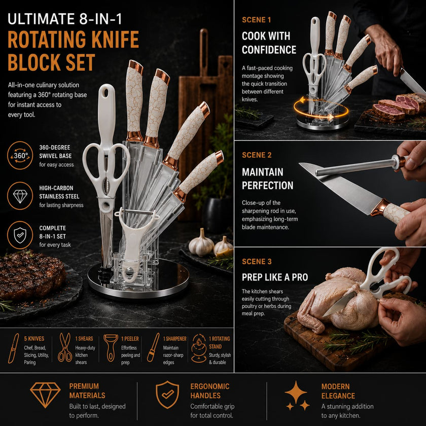 9pcs White Rose Gold Kitchen Knife Set with Rotating Utensil Holder