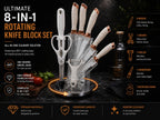 9pcs White Rose Gold Kitchen Knife Set with Rotating Utensil Holder