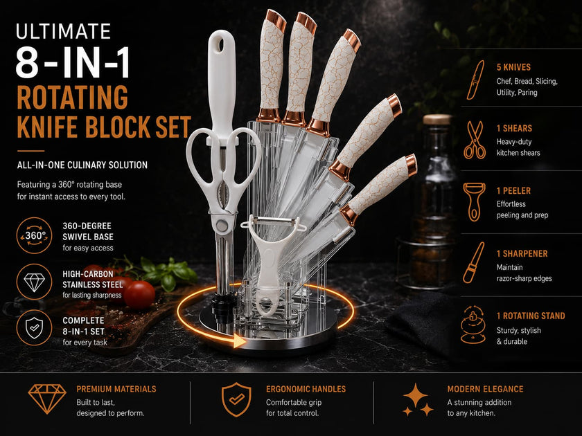 9pcs White Rose Gold Kitchen Knife Set with Rotating Utensil Holder