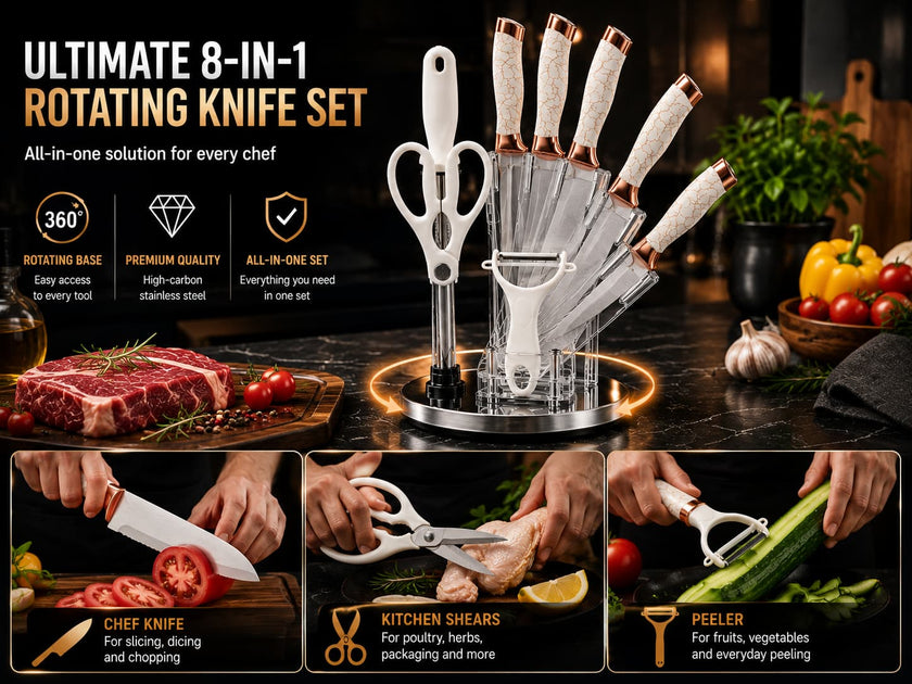9pcs White Rose Gold Kitchen Knife Set with Rotating Utensil Holder
