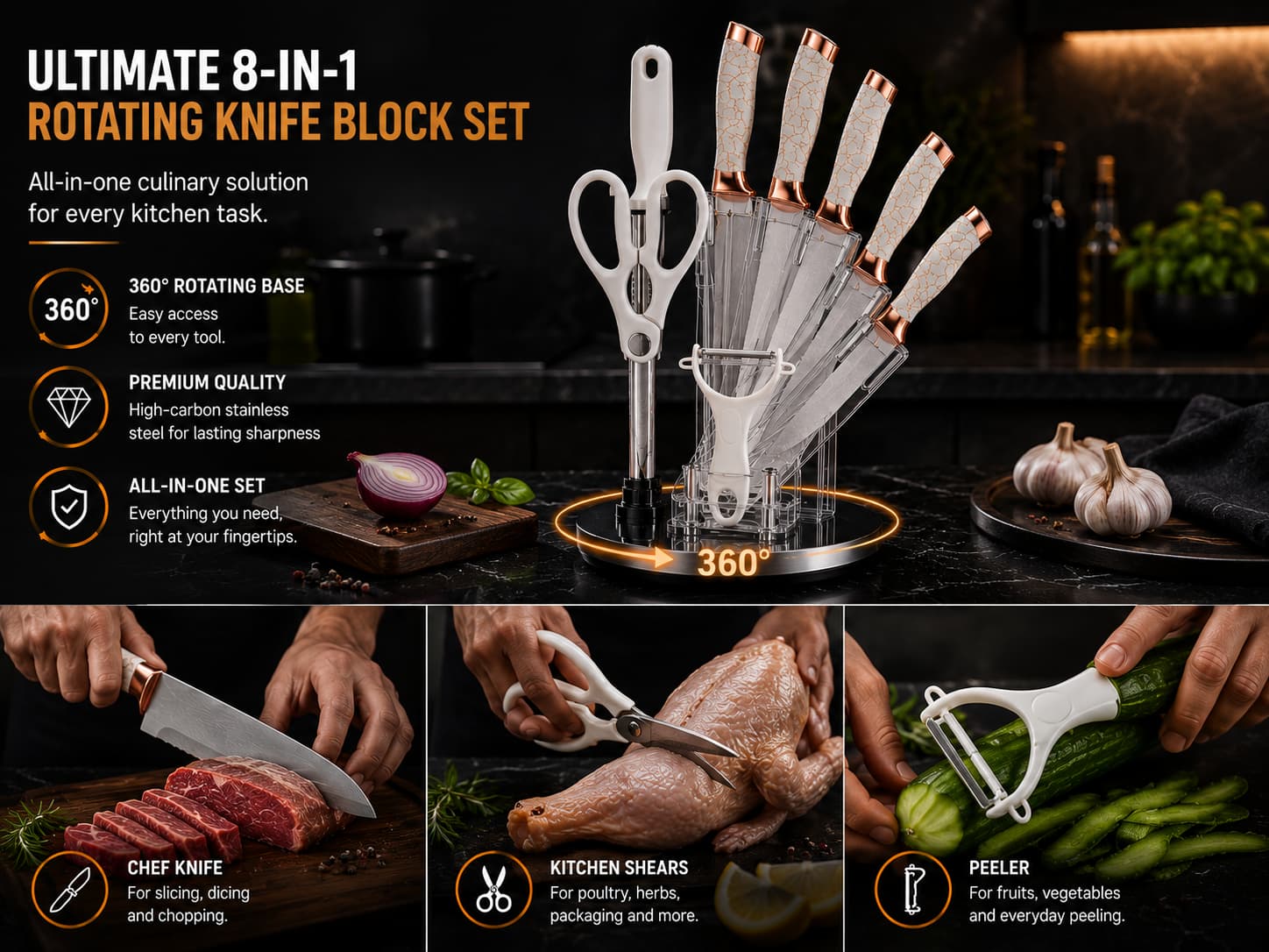 9pcs White Rose Gold Kitchen Knife Set with Rotating Utensil Holder