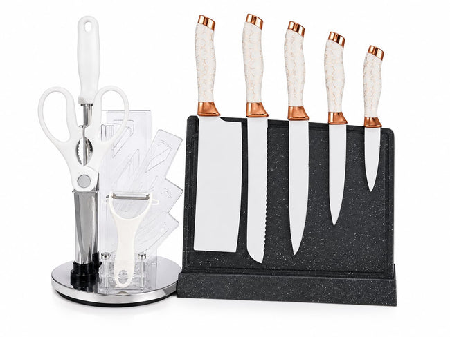 9pcs White Rose Gold Kitchen Knife Set with Rotating Utensil Holder