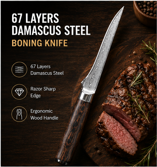 6 Inch 67-Layer Damascus Steel Boning Knife, Ergonomic Pattern Wood Handle, Professional Flexible Fillet Knife for Meat Deboning & Trimming
