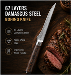 6 Inch 67-Layer Damascus Steel Boning Knife, Ergonomic Pattern Wood Handle, Professional Flexible Fillet Knife for Meat Deboning & Trimming