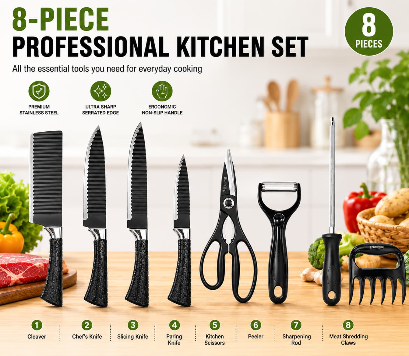 8 Pcs Professional Non-Stick Kitchen Knife Set, Wave Pattern Stainless Steel Blades, Crocodile Texture Anti-Slip Handles,Premium Gift Box