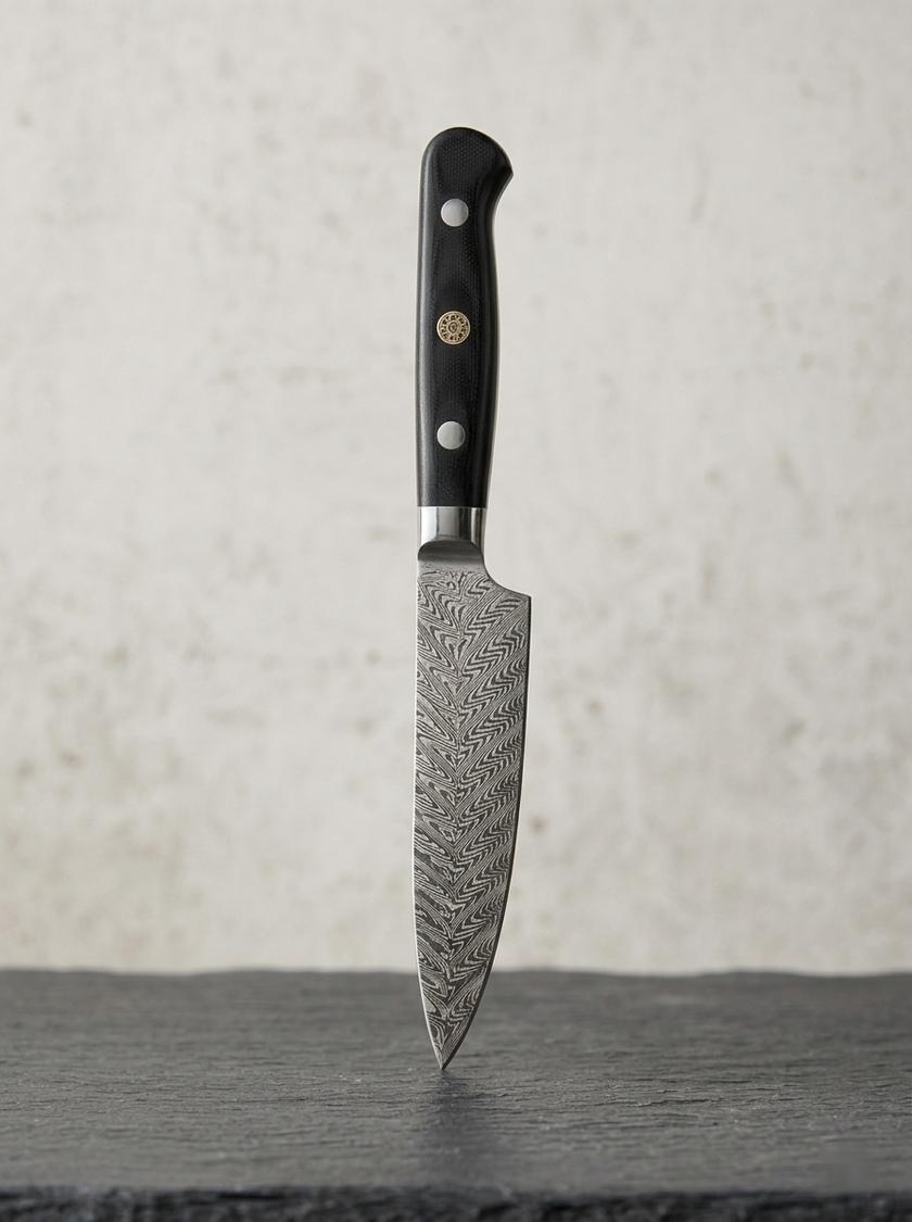 5.5 Inch 67-Layer Damascus Steel Multipurpose Utility Knife, Black Micarta Handle with Decorative Brass Flower Rivet, Premium Small Kitchen Paring Knife with Luxury Wooden Gift Box
