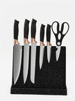 7-Piece Luxury Black Crackle Marble Rose Gold Kitchen Knife Set，Multi-Slot Universal Ribbed Knife Holder