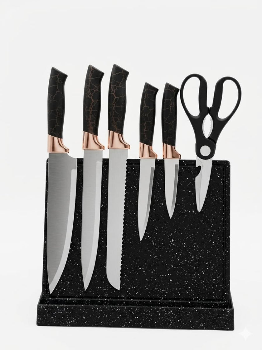 7-Piece Luxury Black Crackle Marble Rose Gold Kitchen Knife Set，Multi-Slot Universal Ribbed Knife Holder