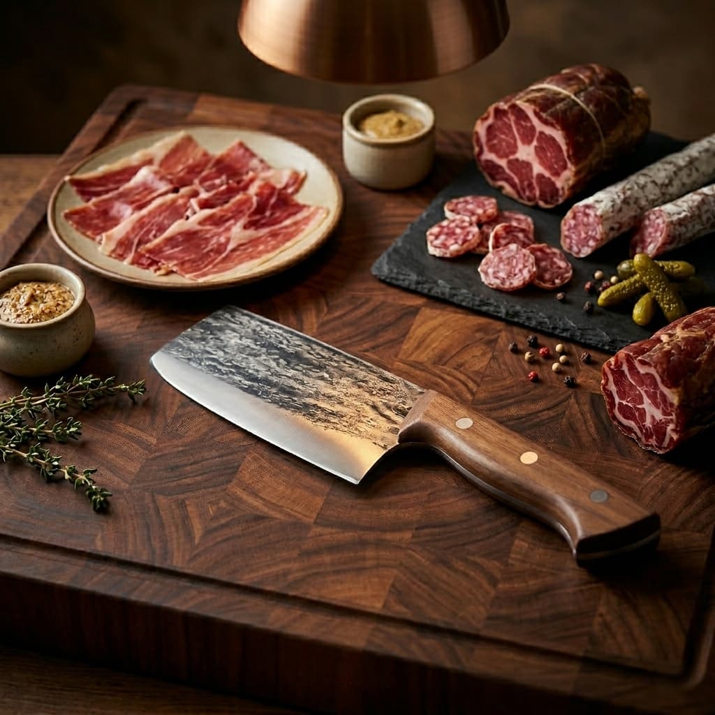 Hand-Forged Chinese Chef Knife – 7-Inch 5Cr15 High Carbon Steel Cleaver, Hammered Non-Stick Blade, Carbonized Beech Wood Handle, 11.4-inch Overall Length, Professional Kitchen Slicing Knife