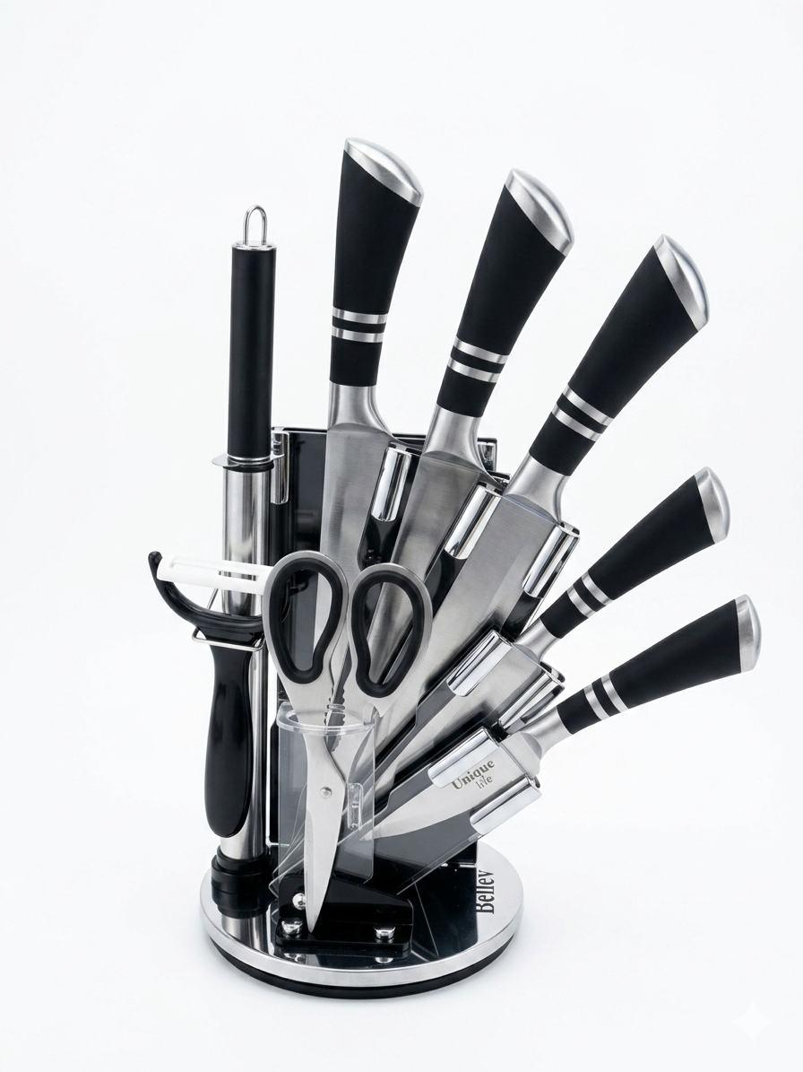 Unique Life 7 Pieces Professional Kitchen Knife Set | Ergonomic Non-Slip Handles | Premium Stainless Steel Cutlery with Rotating Stand