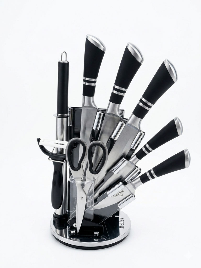 Unique Life 7 Pieces Professional Kitchen Knife Set | Ergonomic Non-Slip Handles | Premium Stainless Steel Cutlery with Rotating Stand