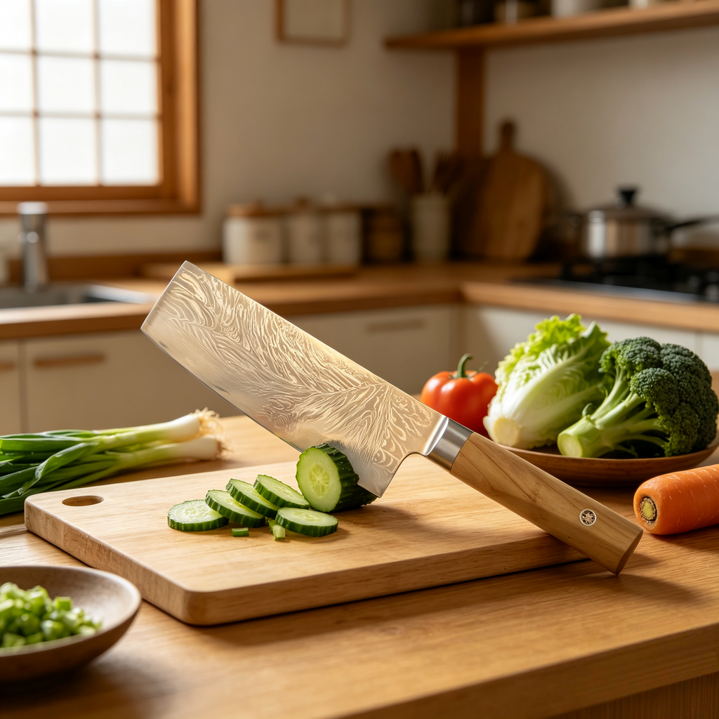 Damascus NAkiri 7-inch Sharp Meat and Vegetable Kitchen Knife, Multi-Purpose Asian Chef's Knife, Suitable for Home and Professional Kitchens, with Ergonomic Handle