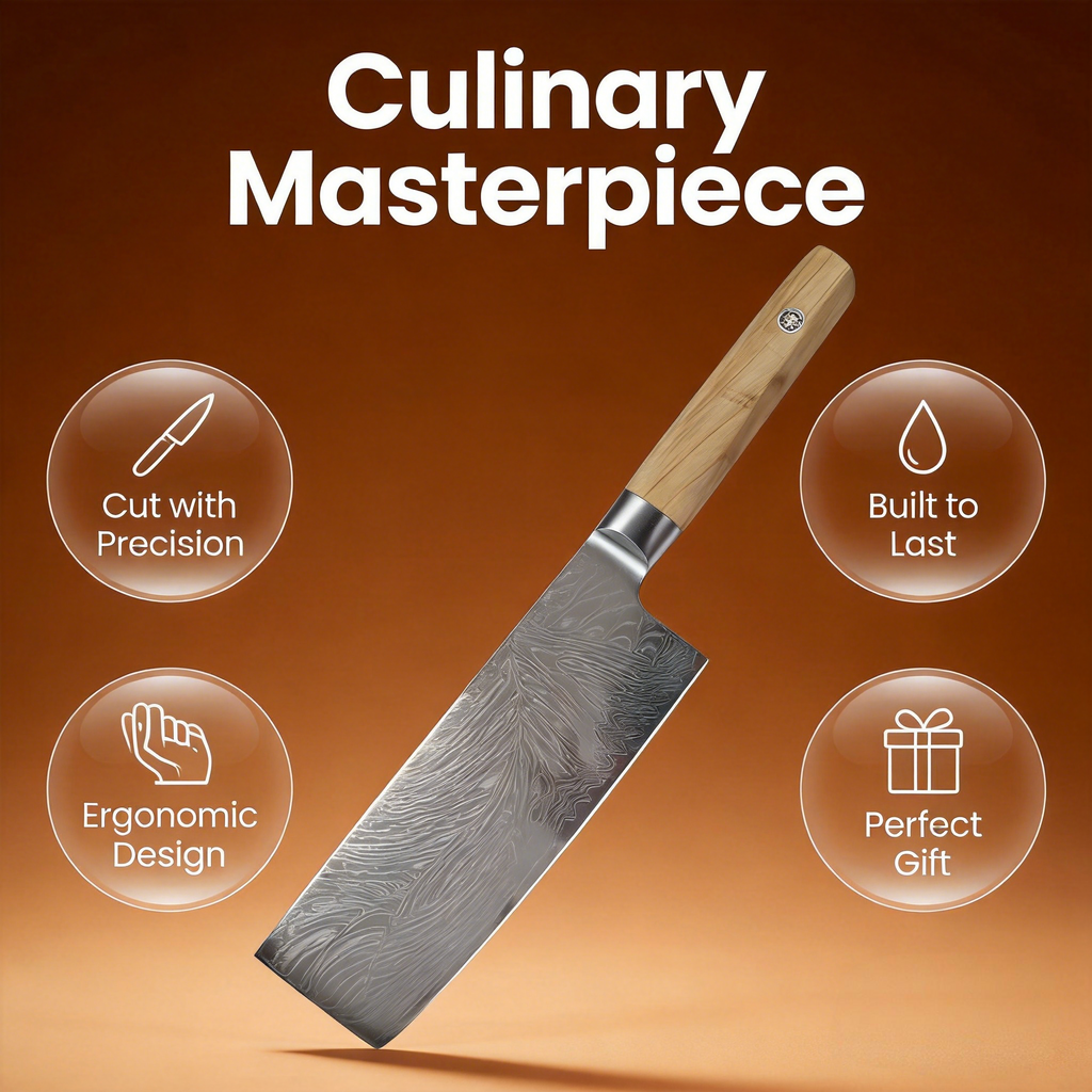 Damascus NAkiri 7-inch Sharp Meat and Vegetable Kitchen Knife, Multi-Purpose Asian Chef's Knife, Suitable for Home and Professional Kitchens, with Ergonomic Handle