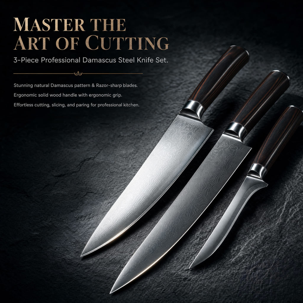 Hand Forged Damascus Steel 3 Pieces Culinary Knife Set – Luxury Kitchen Essential