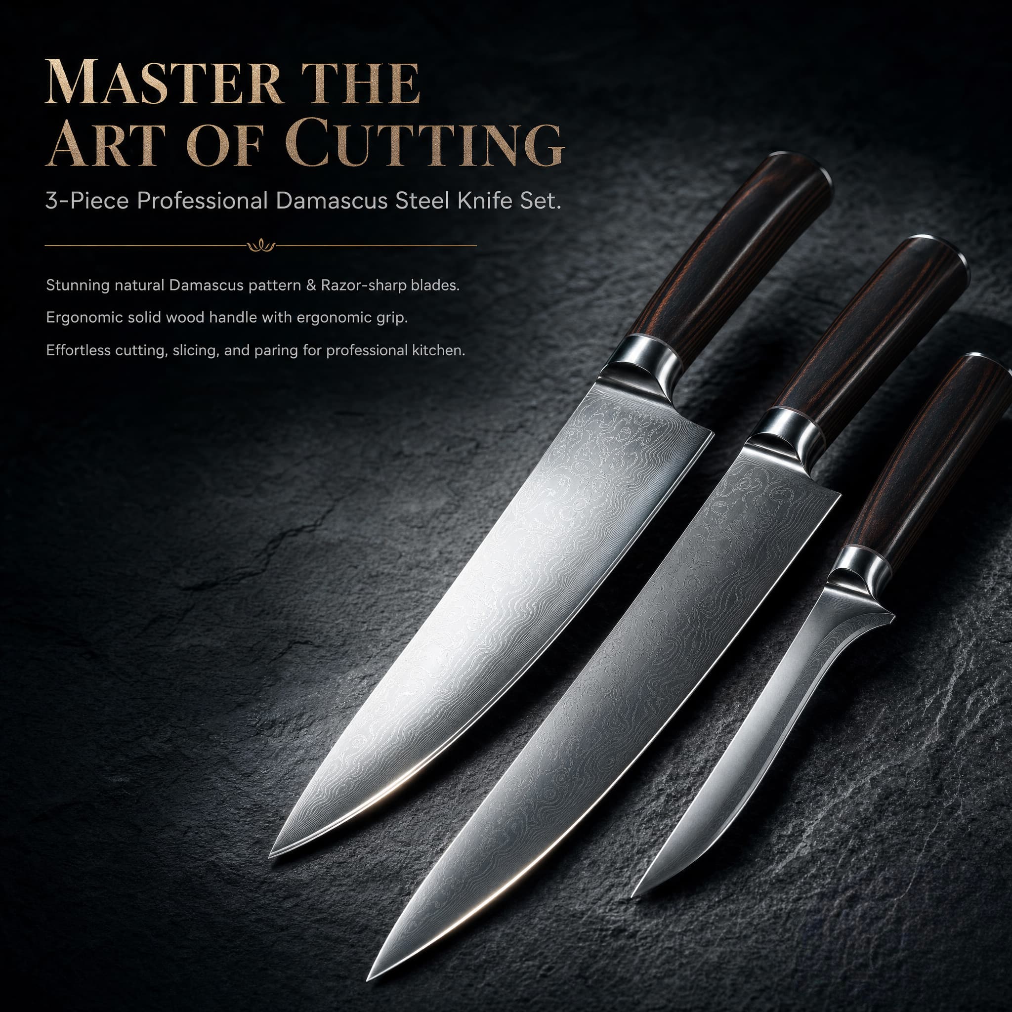 Hand Forged Damascus Steel 3 Pieces Culinary Knife Set – Luxury Kitchen Essential