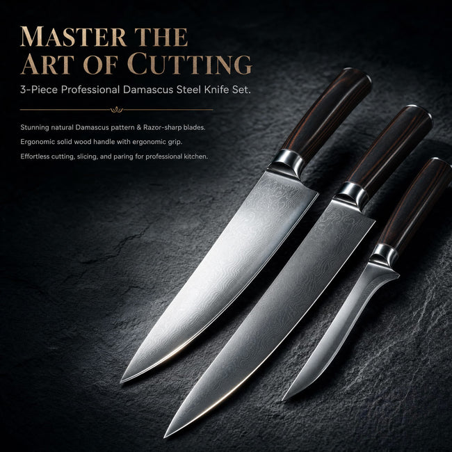 Hand Forged Damascus Steel 3 Pieces Culinary Knife Set – Luxury Kitchen Essential