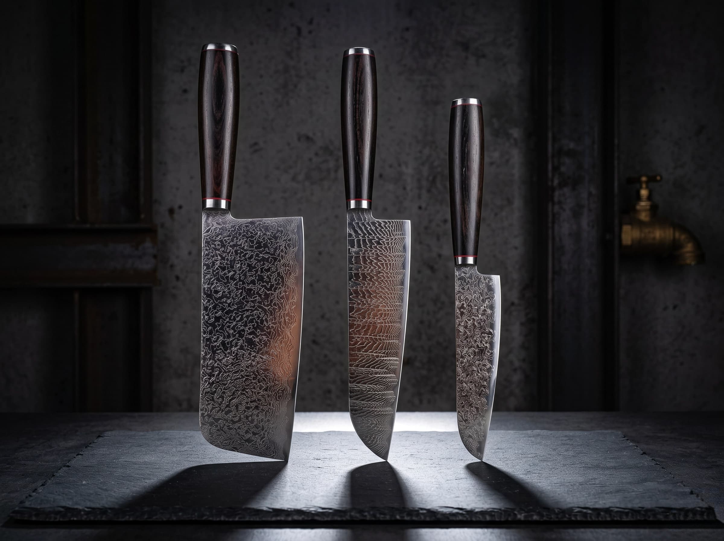 3 Pieces 67-Layer 9Cr18 Damascus Kitchen Knife Set, Ebony Wood Handle, Paring/Santoku/Slicer Premium Chef Knives