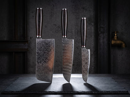 3 Pieces 67-Layer 9Cr18 Damascus Kitchen Knife Set, Ebony Wood Handle, Paring/Santoku/Slicer Premium Chef Knives
