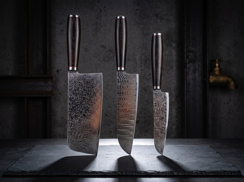 3 Pieces 67-Layer 9Cr18 Damascus Kitchen Knife Set, Ebony Wood Handle, Paring/Santoku/Slicer Premium Chef Knives