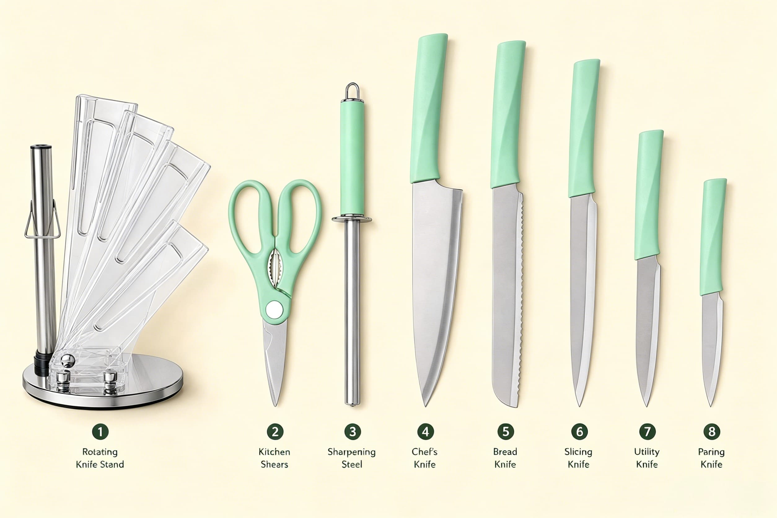 8 Pieces Mint Green Kitchen Knife Set with 360° Rotating Clear Acrylic Knife Block, Stainless Steel Sharp Cutlery Kit