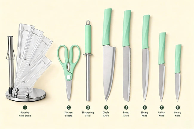 8 Pieces Mint Green Kitchen Knife Set with 360° Rotating Clear Acrylic Knife Block, Stainless Steel Sharp Cutlery Kit