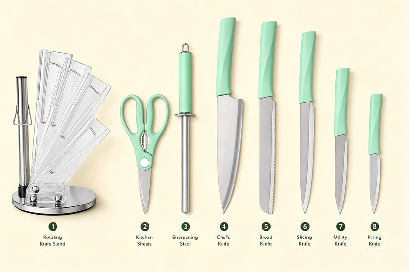 8 Pieces Mint Green Kitchen Knife Set with 360° Rotating Clear Acrylic Knife Block, Stainless Steel Sharp Cutlery Kit
