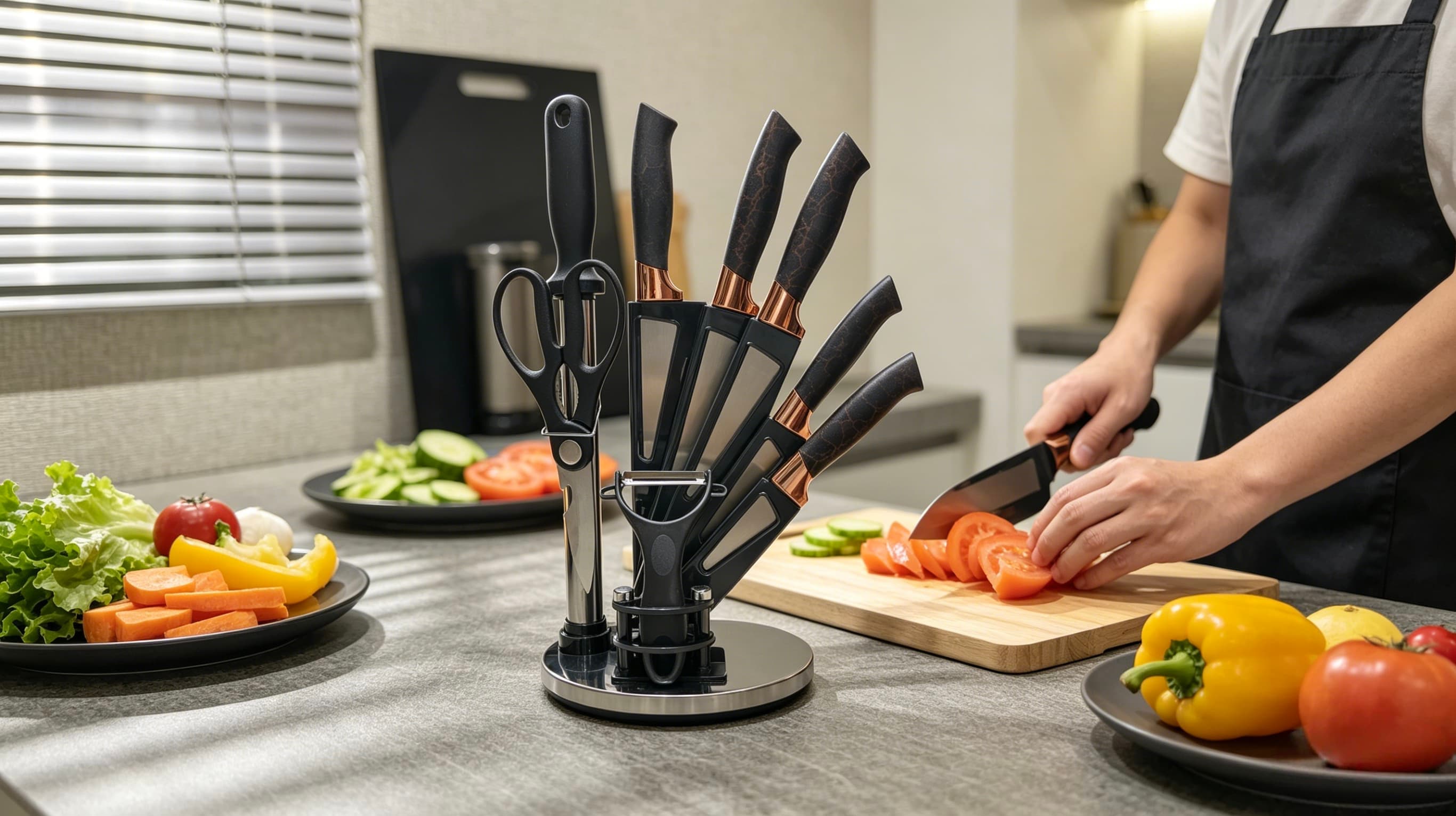9 Pcs Luxury Black Marble Vein Rose Gold Kitchen Knife Set, Rotating Fan-Shaped Acrylic Knife Holder, Stainless Steel Sharp Cutlery Kit