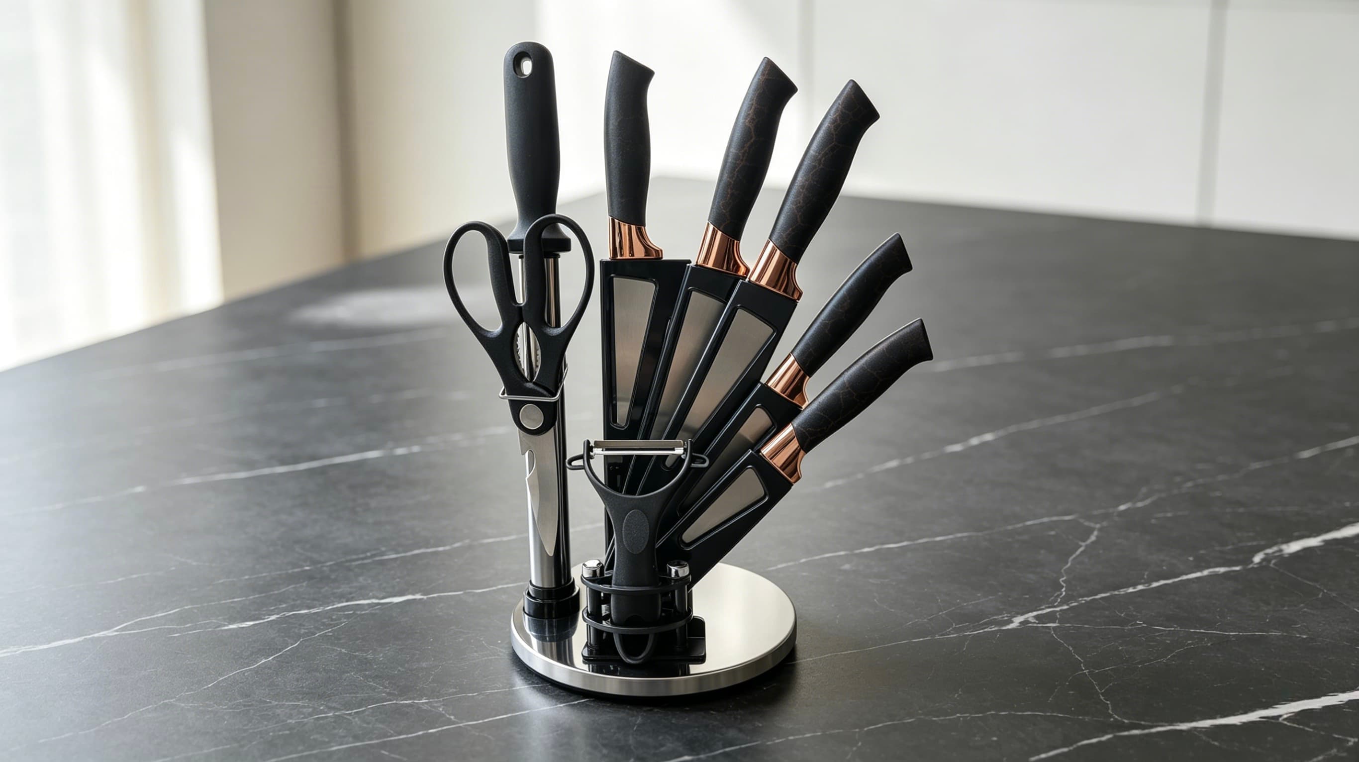 9 Pcs Luxury Black Marble Vein Rose Gold Kitchen Knife Set, Rotating Fan-Shaped Acrylic Knife Holder, Stainless Steel Sharp Cutlery Kit