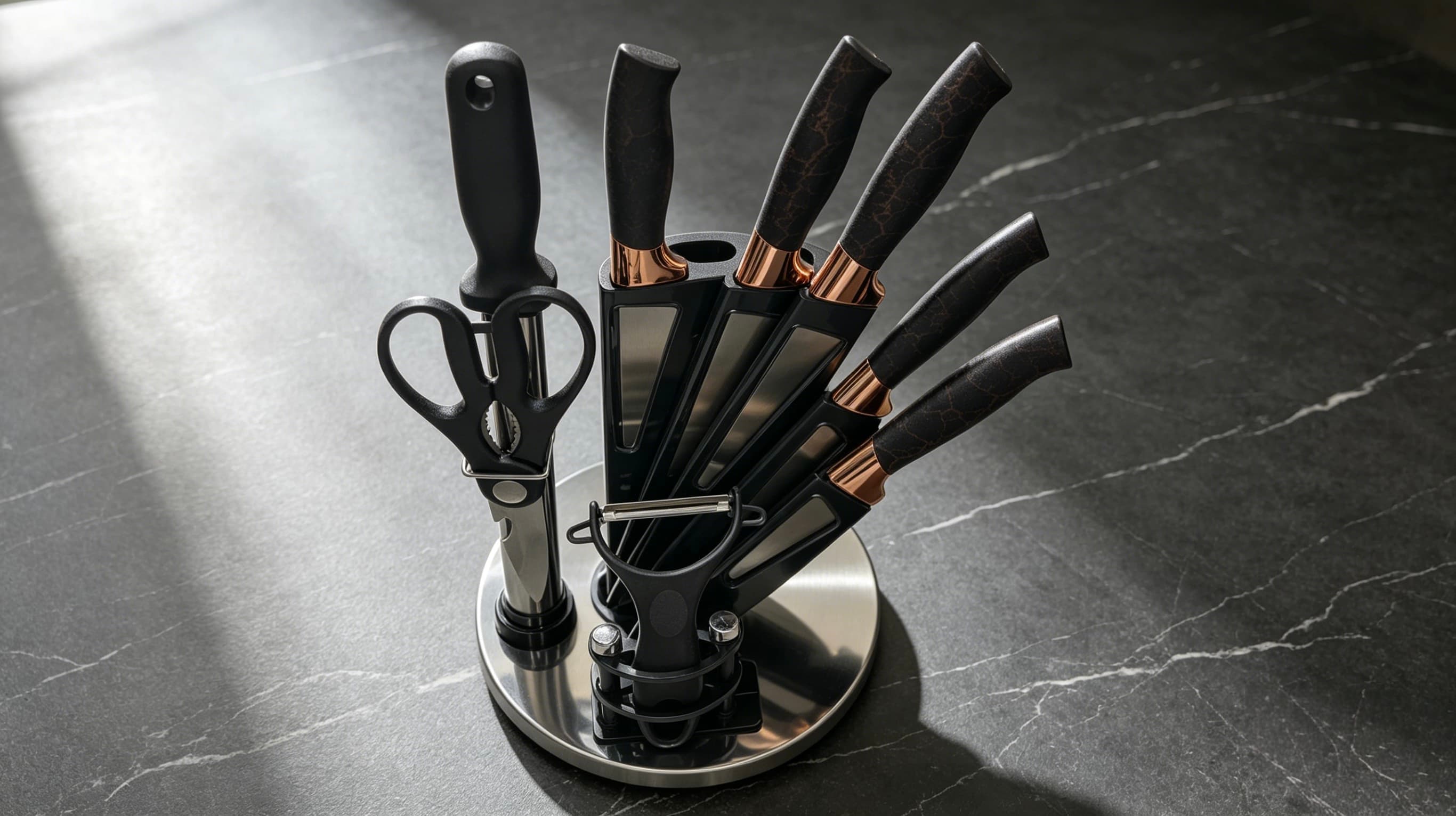 9 Pcs Luxury Black Marble Vein Rose Gold Kitchen Knife Set, Rotating Fan-Shaped Acrylic Knife Holder, Stainless Steel Sharp Cutlery Kit