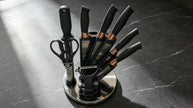 9 Pcs Luxury Black Marble Vein Rose Gold Kitchen Knife Set, Rotating Fan-Shaped Acrylic Knife Holder, Stainless Steel Sharp Cutlery Kit