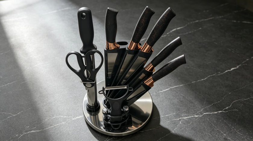 9 Pcs Luxury Black Marble Vein Rose Gold Kitchen Knife Set, Rotating Fan-Shaped Acrylic Knife Holder, Stainless Steel Sharp Cutlery Kit