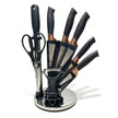 9 Pcs Luxury Black Marble Vein Rose Gold Kitchen Knife Set, Rotating Fan-Shaped Acrylic Knife Holder, Stainless Steel Sharp Cutlery Kit