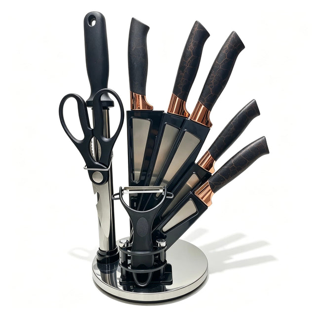 9 Pcs Luxury Black Marble Vein Rose Gold Kitchen Knife Set, Rotating Fan-Shaped Acrylic Knife Holder, Stainless Steel Sharp Cutlery Kit