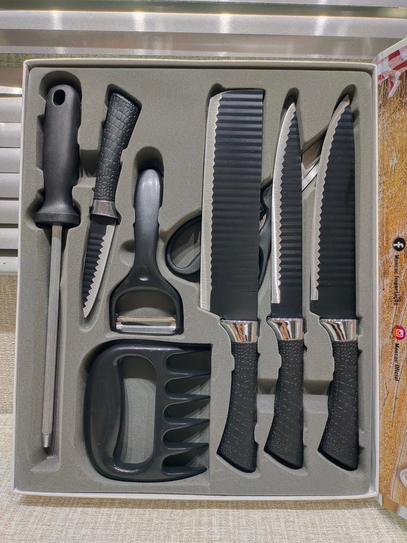 8 Pcs Professional Non-Stick Kitchen Knife Set, Wave Pattern Stainless Steel Blades, Crocodile Texture Anti-Slip Handles,Premium Gift Box