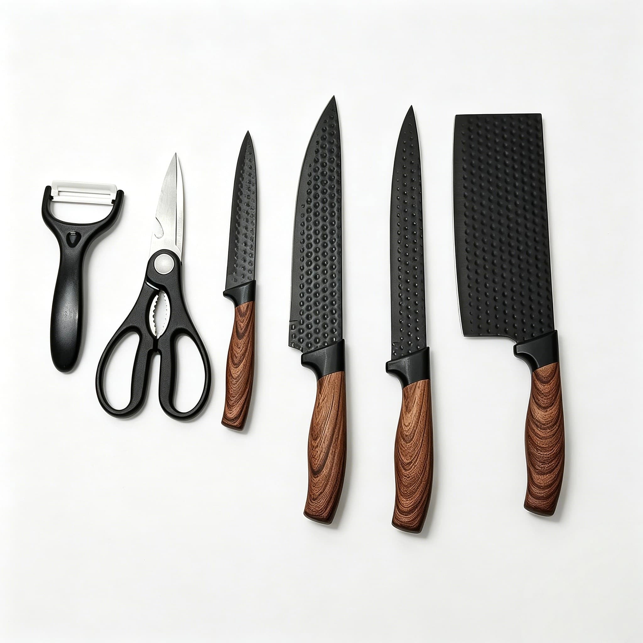 6-piece stainless steel kitchen knife gift set with a realistic woodgrain design and ergonomic handles, including a shock-absorbing foam gift box; perfect for housewarming and wedding gifts