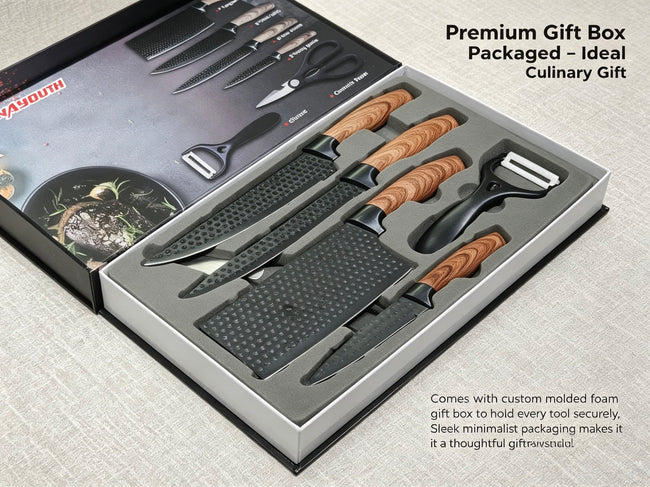6-piece stainless steel kitchen knife gift set with a realistic woodgrain design and ergonomic handles, including a shock-absorbing foam gift box; perfect for housewarming and wedding gifts