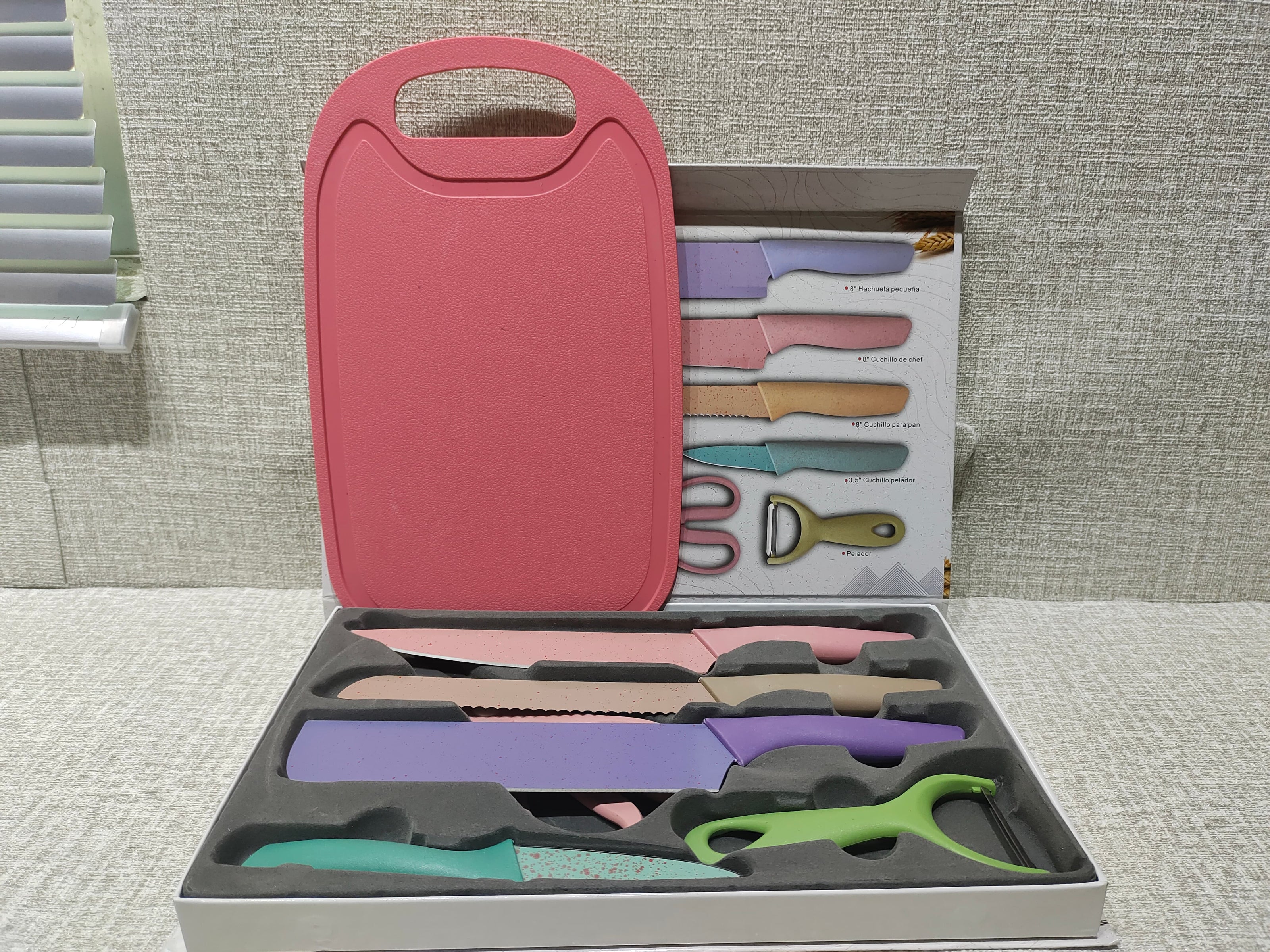 6 Pcs Macaron Pastel Wheat Straw Kitchen Knife Set, Non-Stick Colorful Stainless Steel Blades