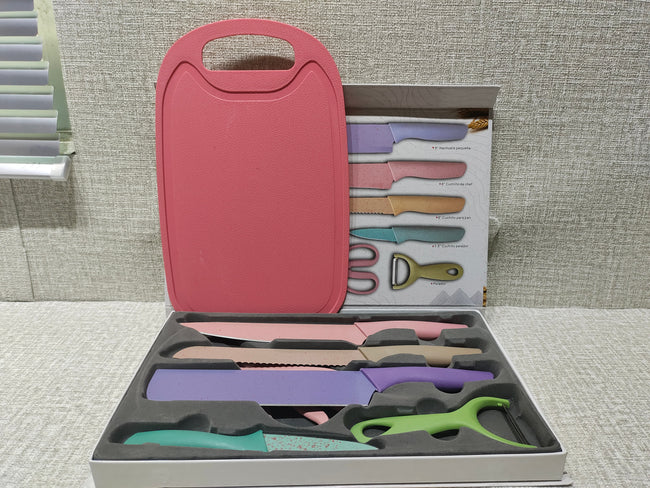 6 Pcs Macaron Pastel Wheat Straw Kitchen Knife Set, Non-Stick Colorful Stainless Steel Blades