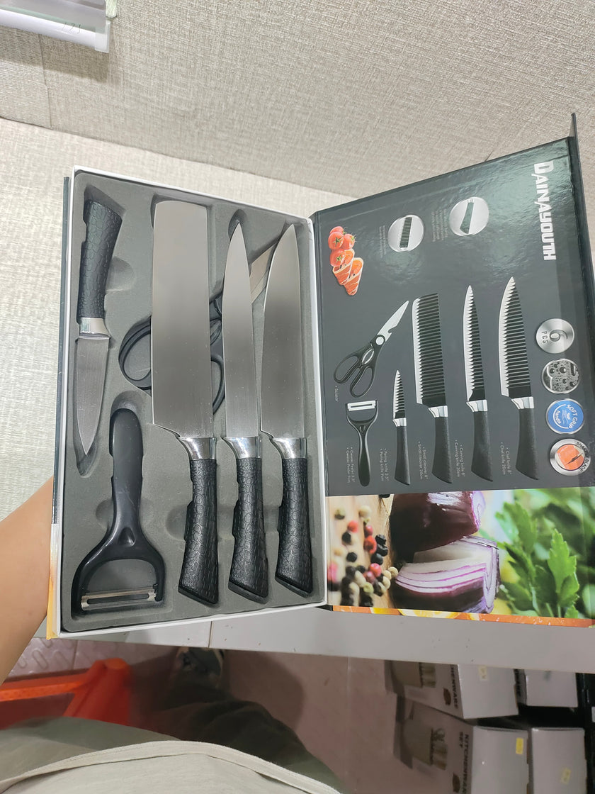 6 Pcs Polished Stainless Steel Kitchen Knife Set with Crocodile Non-Slip Handles