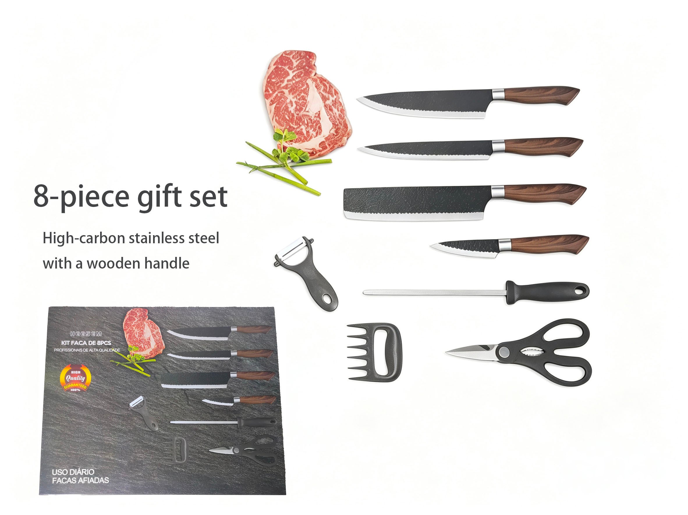 8-Piece Hammered High-Carbon Stainless Steel Kitchen Knife Gift Set