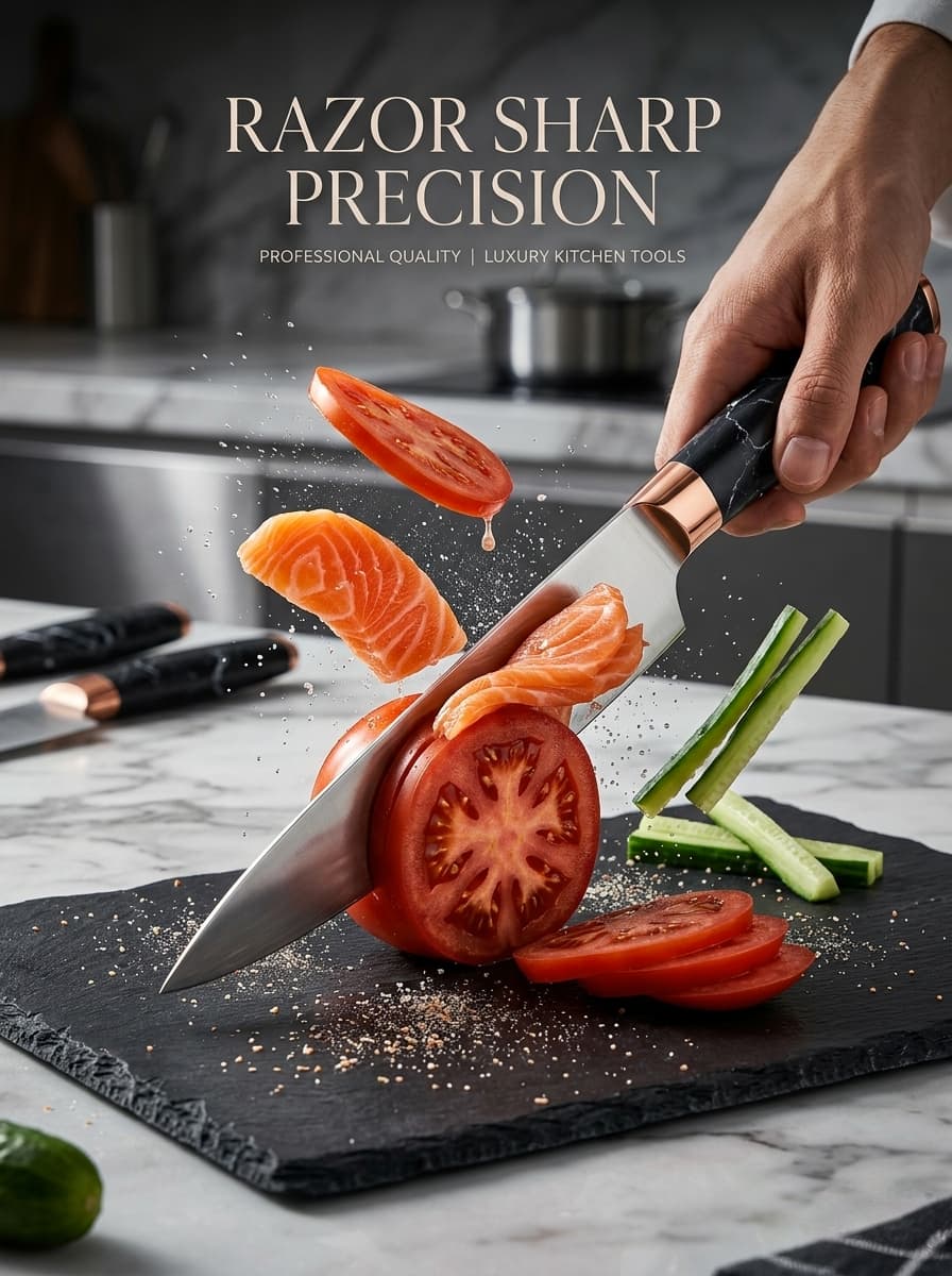 7-Piece Luxury Black Crackle Marble Rose Gold Kitchen Knife Set，Multi-Slot Universal Ribbed Knife Holder