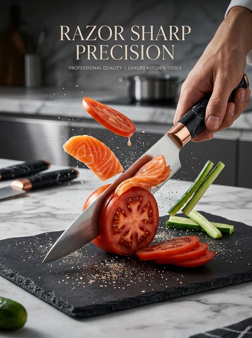 7-Piece Luxury Black Crackle Marble Rose Gold Kitchen Knife Set，Multi-Slot Universal Ribbed Knife Holder