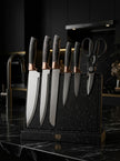 7-Piece Luxury Black Crackle Marble Rose Gold Kitchen Knife Set，Multi-Slot Universal Ribbed Knife Holder