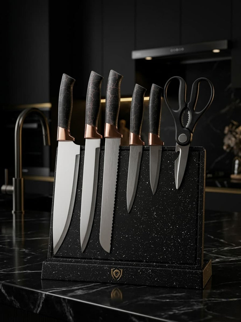7-Piece Luxury Black Crackle Marble Rose Gold Kitchen Knife Set，Multi-Slot Universal Ribbed Knife Holder