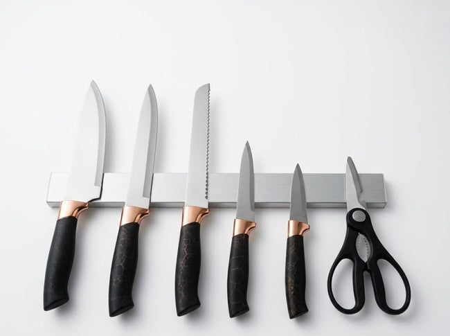 7-Piece Luxury Black Crackle Marble Rose Gold Kitchen Knife Set，Multi-Slot Universal Ribbed Knife Holder