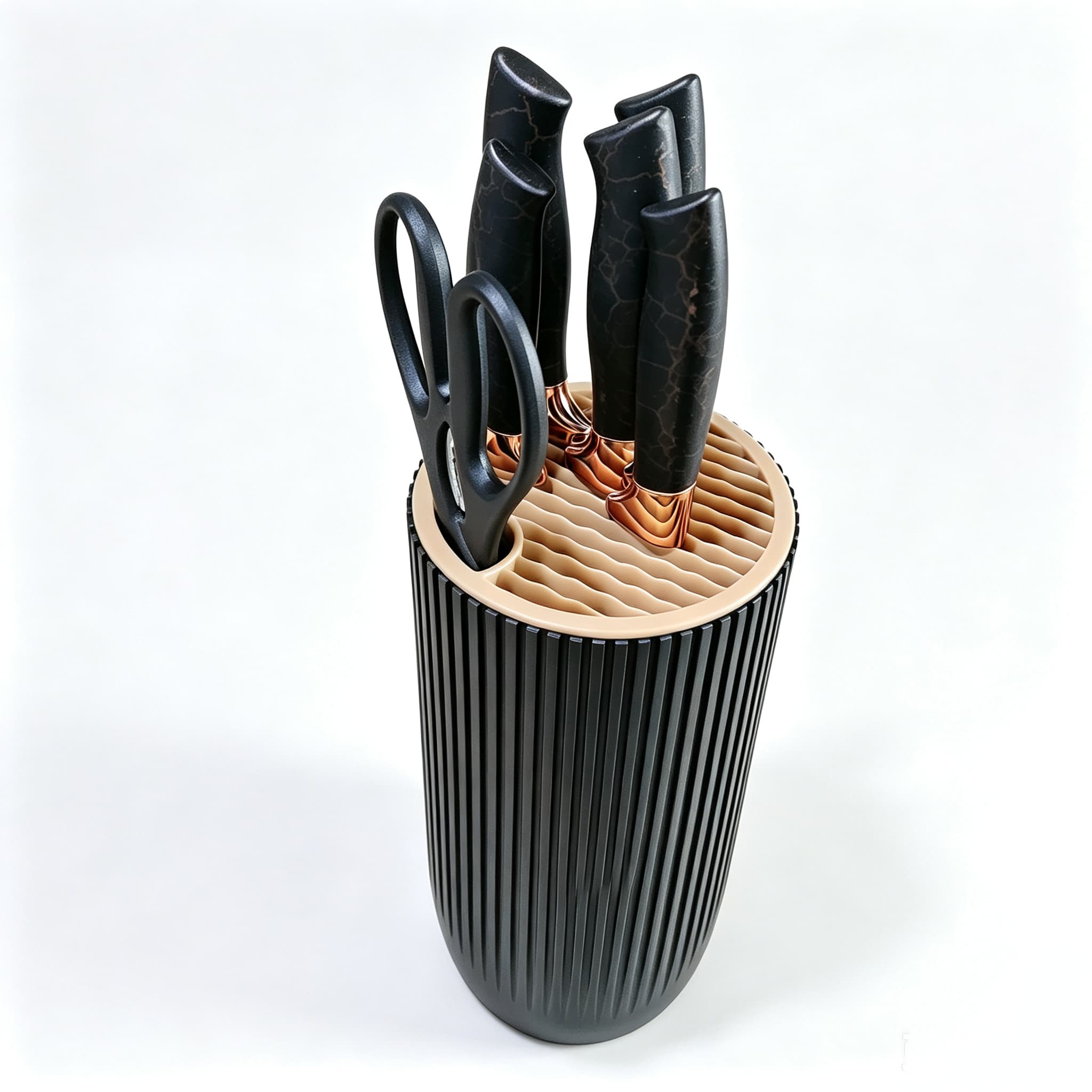 7-Piece Luxury Black Crackle Marble Rose Gold Kitchen Knife Set，Multi-Slot Universal Ribbed Knife Holder