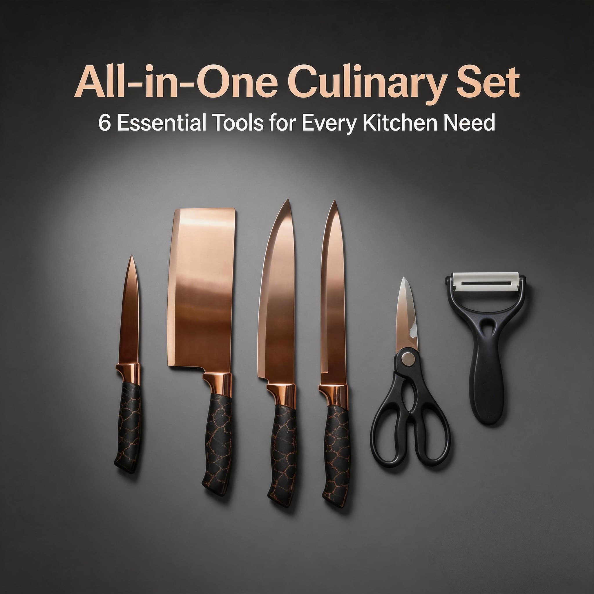 6-Piece Rose Gold Titanium-Coated Kitchen Knife Gift Set, with Non-Slip Handles and Ergonomic Design