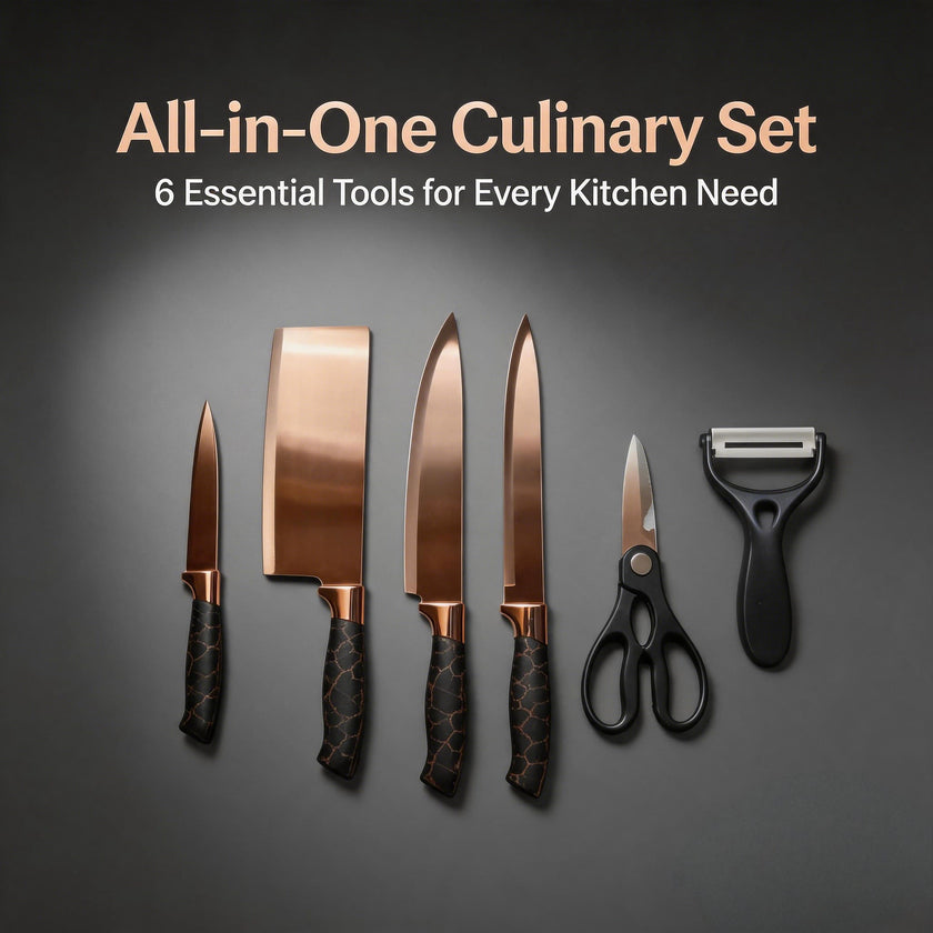 6-Piece Rose Gold Titanium-Coated Kitchen Knife Gift Set, with Non-Slip Handles and Ergonomic Design